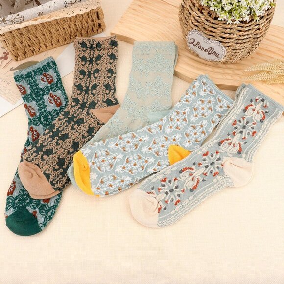 Floral Cotton Crew Socks 5 Pairs Ruffle Frilly Ankle Dress Socks for Women - Picture 6 of 7